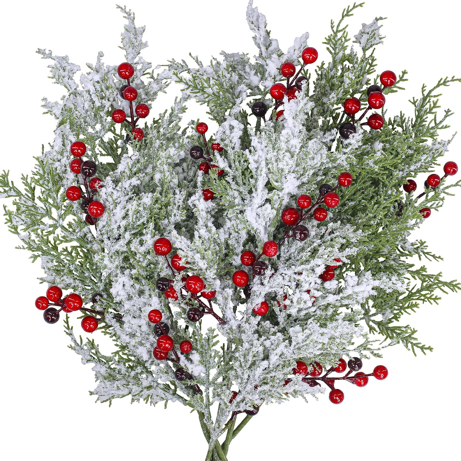 Winlyn 6 Pcs Snowy Artificial Cedar Picks with Red Berries Frosted Faux Cedar Sprays Christmas Cedar Greenery Branches Stems for Christmas Tree Wreath Floral Arrangement Vase Winter Holiday Décor | Amazon (US)