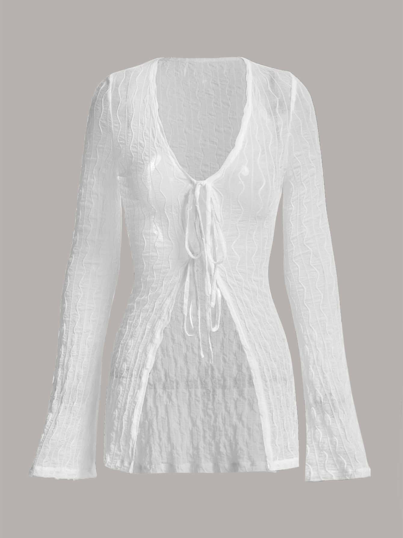 SHEIN ICON Bell Sleeve Tie Front Textured Sheer Top | SHEIN