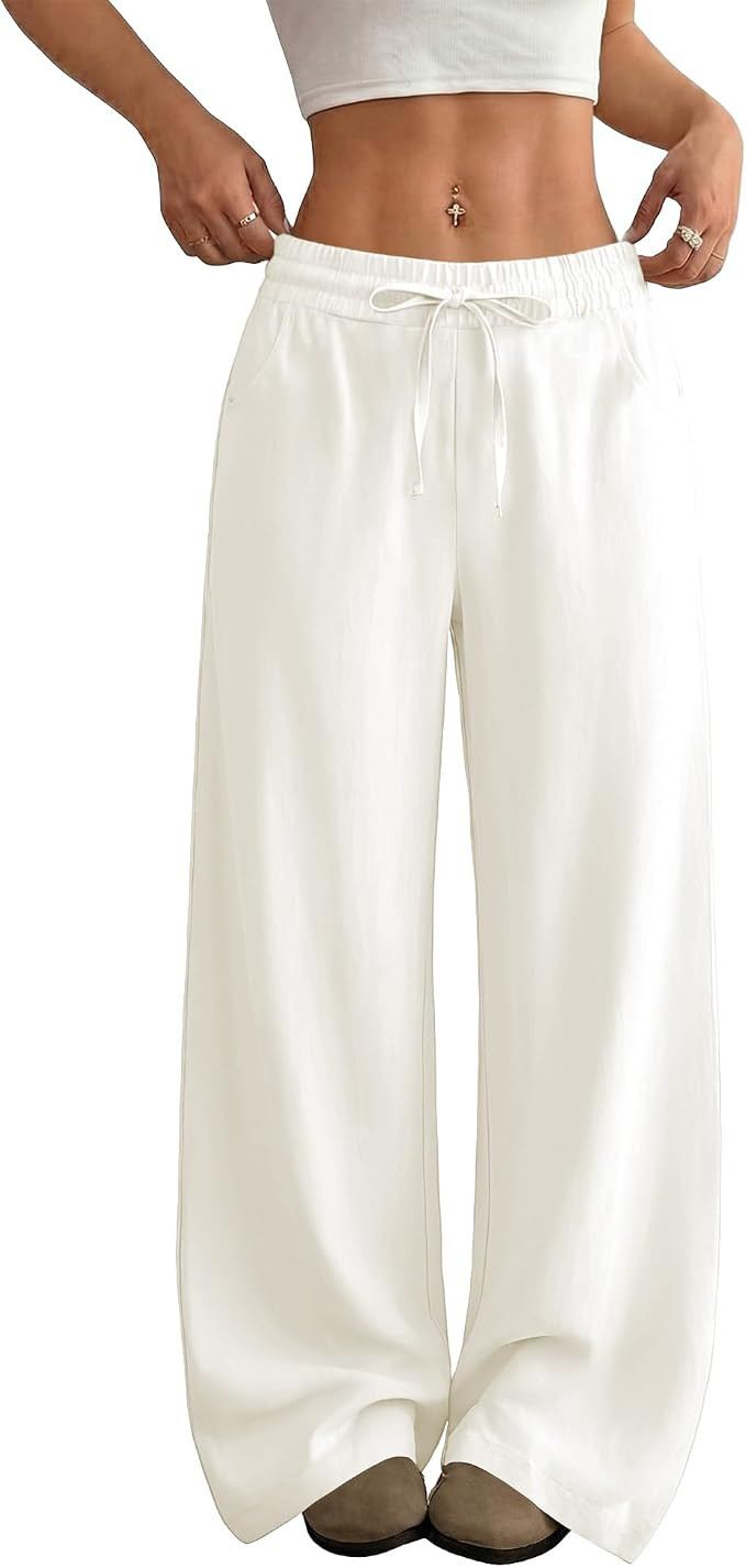 SEMARO Womens Casual Linen Wide Leg Pants Flowy Drawstring High Waist Palazzo Beach Vacation Trou... | Amazon (US)