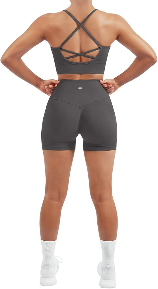 SUUKSESS Women Seamless 2 Piece Workout Sets Criss Cross Sports Bra High Waist Booty Shorts | Amazon (US)