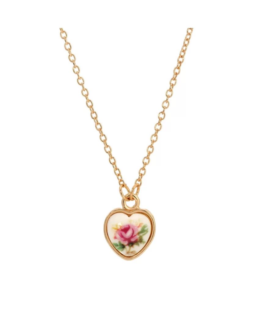 Gold Tone Flower Decal Heart Necklace 15" Adj. | Belk