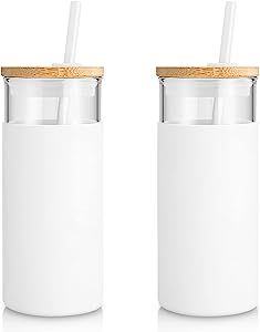 tronco 20oz Glass Tumbler Straw Silicone Protective Sleeve Bamboo Lid - BPA Free(White/2-Pack) | Amazon (US)