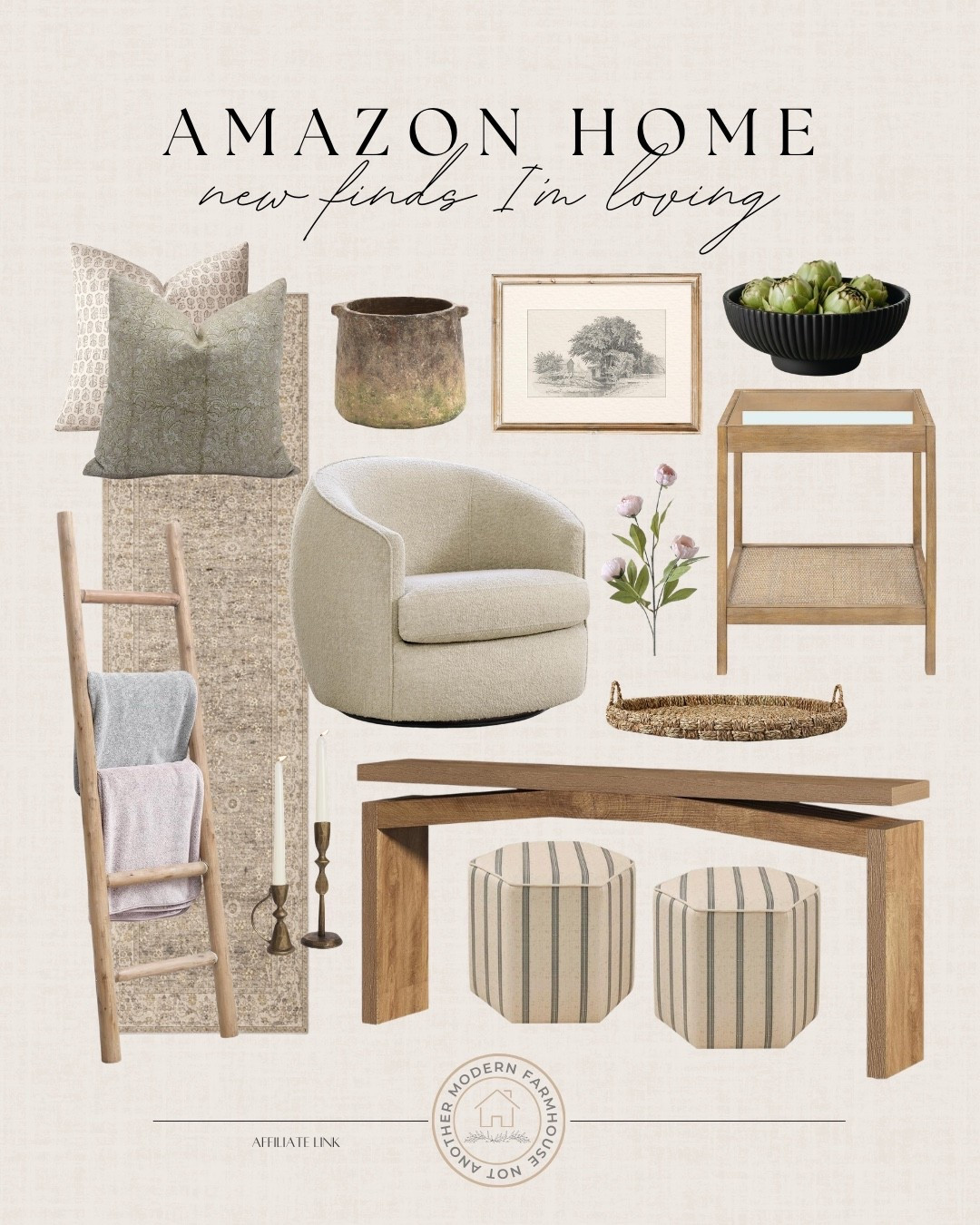 Amazon home finds I’m loving right now! 🤍 Warm woods, vintage touches & cozy textures that make every space feel layered and designer.

Amazon home, neutral decor, vintage inspired, wood console, accent chair, throw pillows, cozy textures, woven tray, bedside table, art prints, ottoman, rug runner, organic modern, layered home, timeless style, affordable decor, home refresh, designer look, warm neutrals, curated finds, look for less. 

 #LTKHome