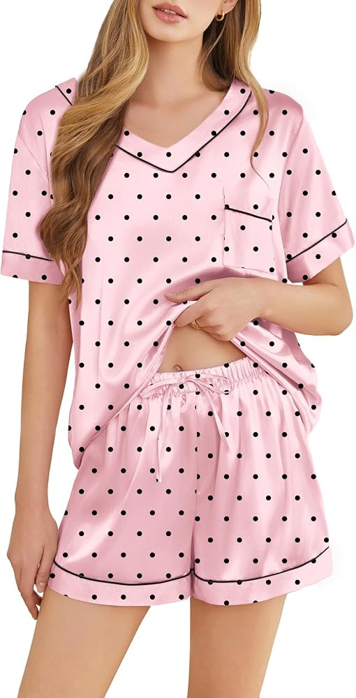 Silk Pajamas for Women Short Sleeve Satin 2 Piece Pj Set Soft V Neck Sleepwear Loungewear, S-XXL | Amazon (US)