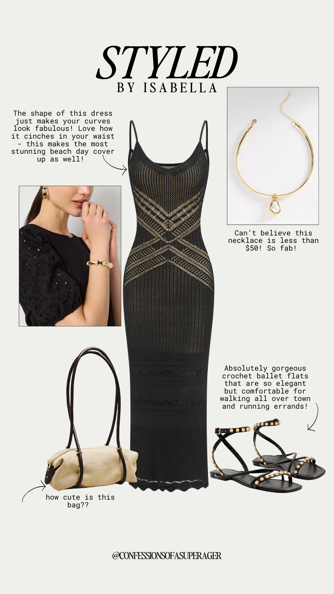 Elevated black summer style never fails 🖤 This chic crochet knit midi dress is the ultimate vacation outfit, beach cover-up, and resort wear staple with its flattering waist-defining silhouette and timeless elegance. Paired with studded flat sandals, a neutral suede bag, and delicate gold jewelry, this look is perfect for beach dinners, summer travel, and effortless day-to-night dressing. Tap to shop and save this sophisticated warm-weather outfit! ✨ #BlackDress #SummerStyle #ResortWear #VacationOutfit #BeachCoverUp #SummerFashion #ChicStyle #ElegantStyle #CrochetDress #VacationFashion #LuxuryStyle #NeutralAccessories #CapsuleWardrobe #TravelStyle #DateNightOutfit #FashionOver40 #FashionOver50 #AgelessStyle #LTKStyle #LTKFashion #LTKFinds #ConfessionsOfASuperAger

#LTKSeasonal #LTKOver40 #LTKSaleAlert
