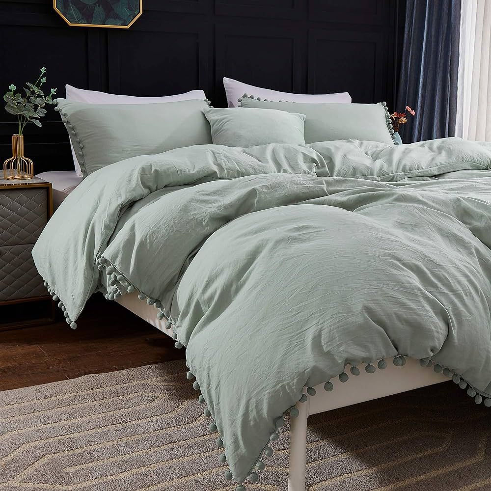 Andency Green Twin Duvet Cover (66x90 Inch), 2 Pieces (1 Solid Sage Pom Pom Fringe Duvet Cover, 1... | Amazon (US)