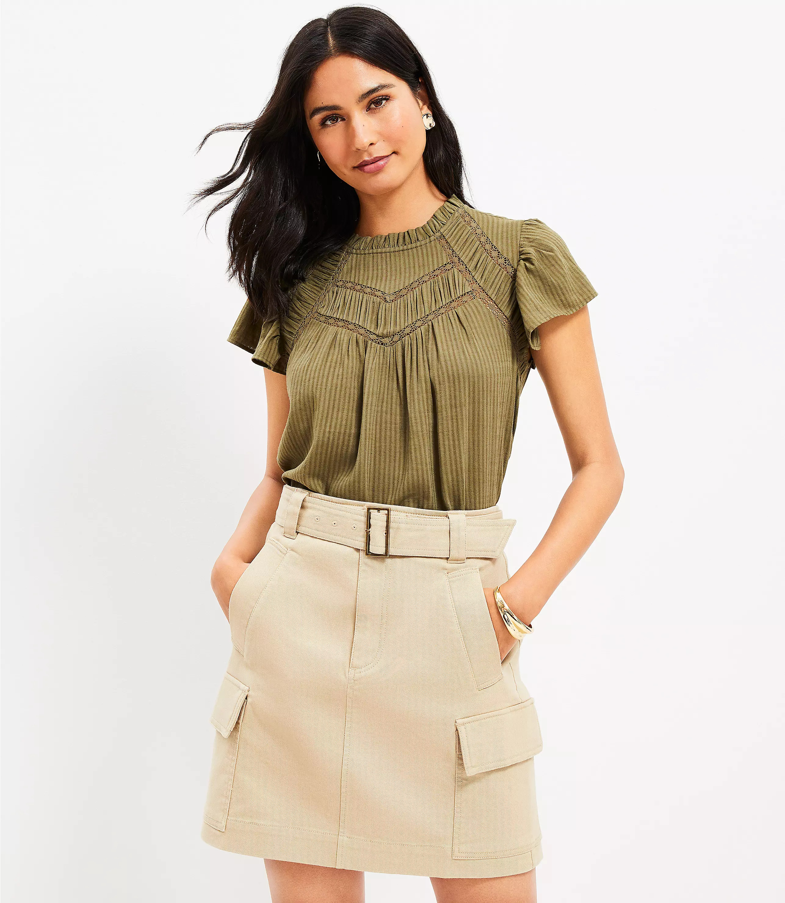 Dobby Stripe Shirred Ruffle Flutter Sleeve Top | LOFT