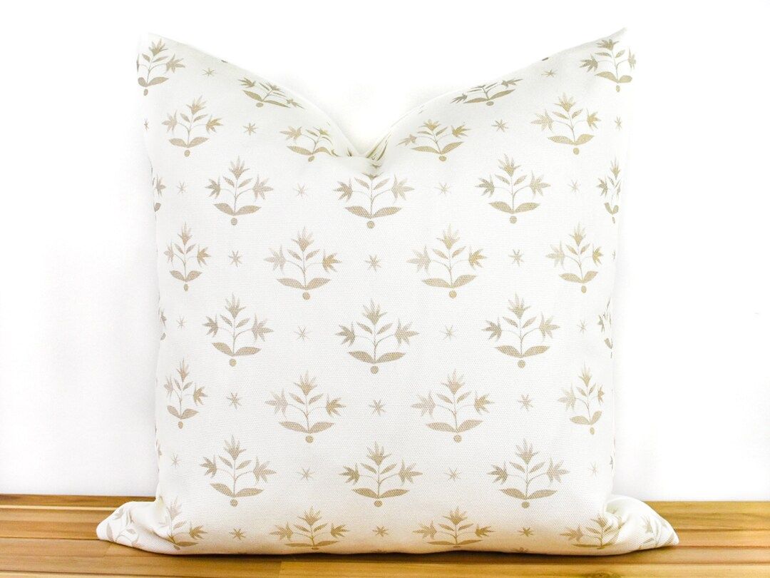 Tan Floral Block Print Pillow Cover, Neutral Floral Pillow Cover, Beige Pillow, Thistle Pillow Co... | Etsy (US)