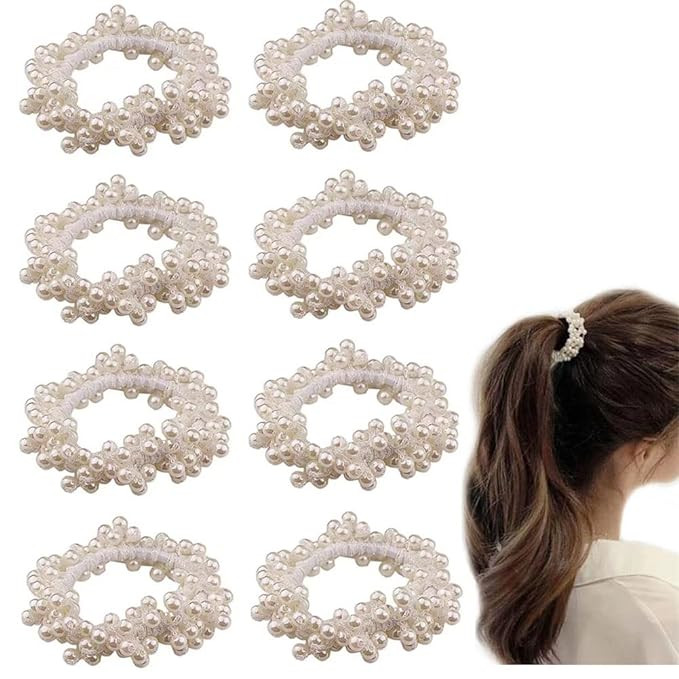8 PCS Pearl Hair Ties White Elastic Scrunchie Stretch Ponytail Holders Beaded Hair Bands Elegant ... | Amazon (US)