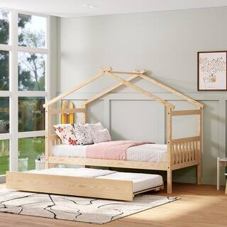 Natural Twin Size Wood House Bed Kids Bed with Twin Size Trundle | The Home Depot