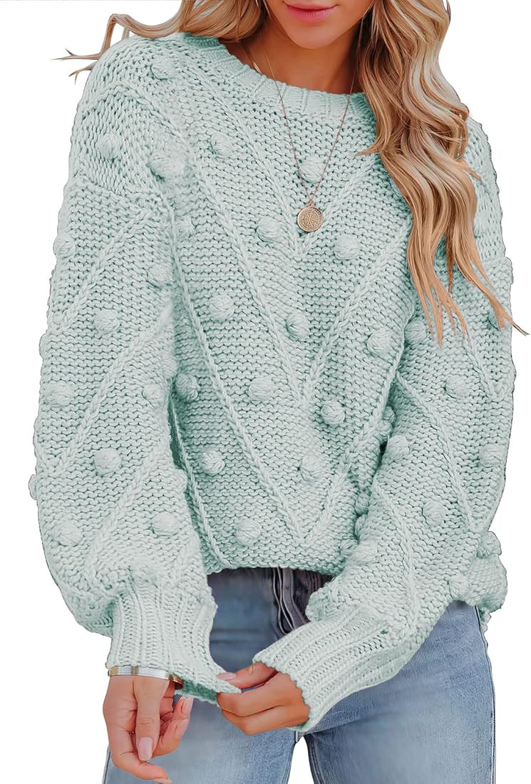 ANRABESS Women’s Crewneck Balloon Long Sleeve Cable Knit Chunky Cozy Oversized Pom Pullover Sweater | Amazon (US)