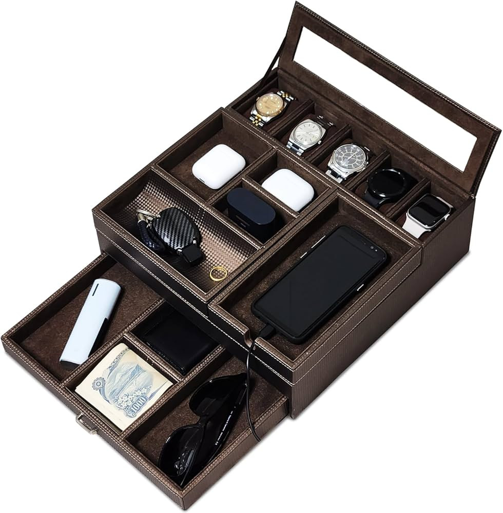 Amiglo Men Jewelry Watch Box Valet Tray Nightstand Bedside Organizer with Drawer and Phone Chargi... | Amazon (US)