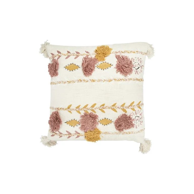 Desert Fields Embroidered & Appliqued White Cotton Pillow with Tassels and Accented with Mustard ... | Walmart (US)