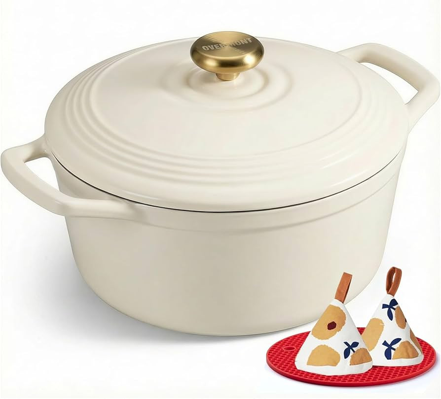 Overmont Enameled Cast Iron Dutch Oven - 5.5QT Pot with Lid Cookbook & Cotton Potholders - Heavy-... | Amazon (US)