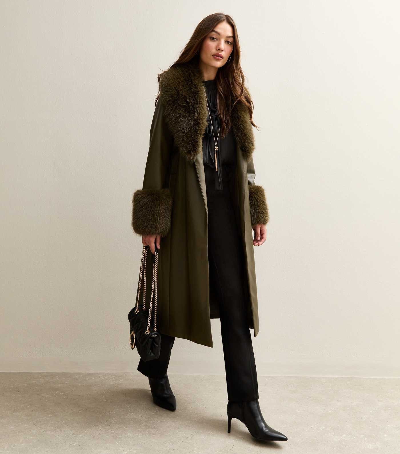 Khaki Faux Leather Faux Fur Trim Longline Jacket | New Look | New Look (UK)