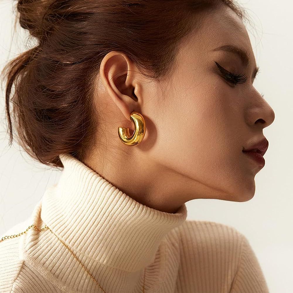 Moodear Chunky Gold Hoops Earrings for Women 14K Gold Plated Dainty Open Hoops Earrings for Women Hy | Amazon (US)