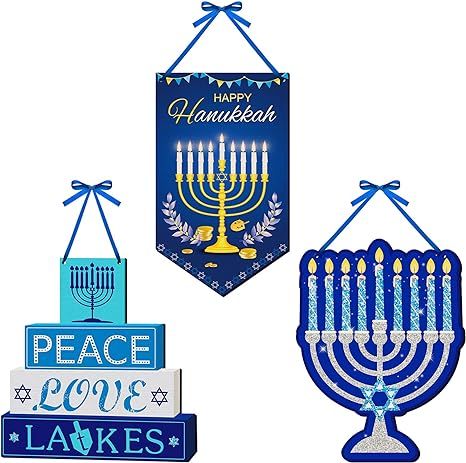 3 Pieces Hanukkah Wooden Door Sign Decorations Blue Chanukkah Rustic Menorah Wall Decor for Home ... | Amazon (US)