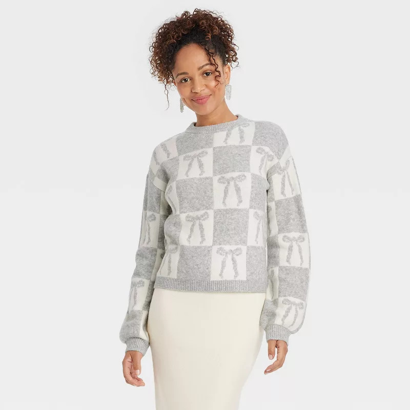 Women's Holiday Crewneck Pullover Sweater - A New Day™ Gray/Cream Bow 2X | Target