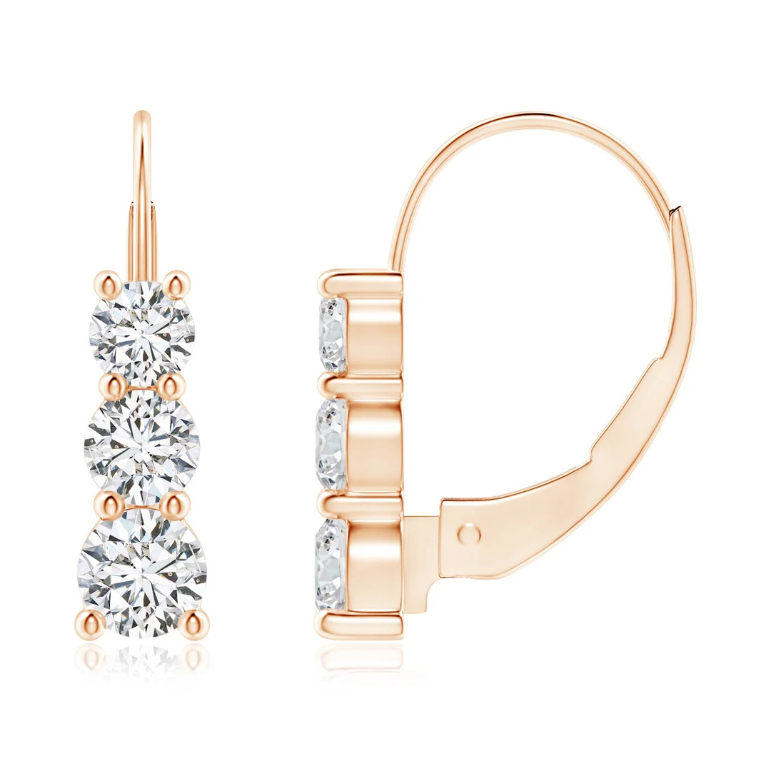 Round Diamond Three Stone Leverback Earrings | Angara Inc.