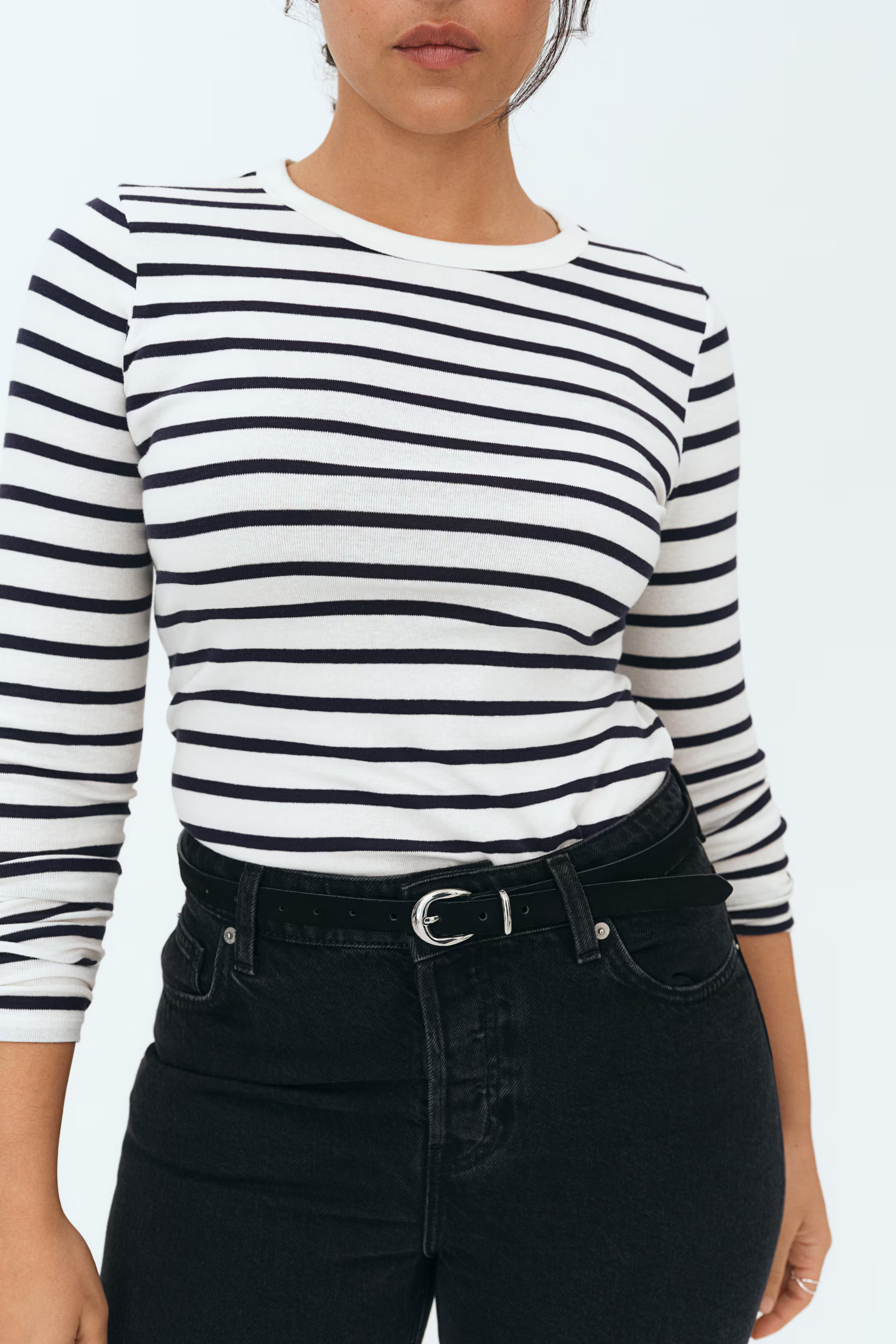 Long-sleeved Jersey Top - White/navy blue striped - Ladies | H&M US | H&M (US + CA)