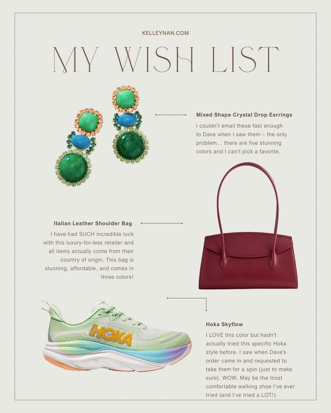 Some of my personal Christmas wish list items include these mixed shape crystal drop earrings, this Italian leather shoulder bag and these colorful Hoka sneakers. There are so many great deals happening this week on these items and more! gifts for her dressy earrings ladies purse active wear fashion accessories 

#LTKCyberWeek #LTKSaleAlert #LTKGiftGuide