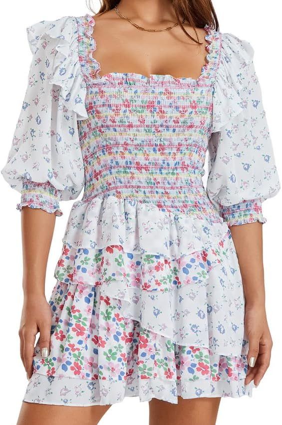 Womens Boho Long Sleeve Short Dress Puff Long Sleeve V Neck Layered Hem Ruffle Dress Fall Floral ... | Amazon (US)