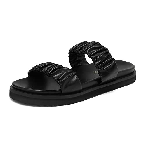 DREAM PAIRS Women's SDSS2211W Slide Sandals Slip on Open Toe Cute Two Straps Flat Sandals for Summer Black Size 7.5 | Amazon (US)
