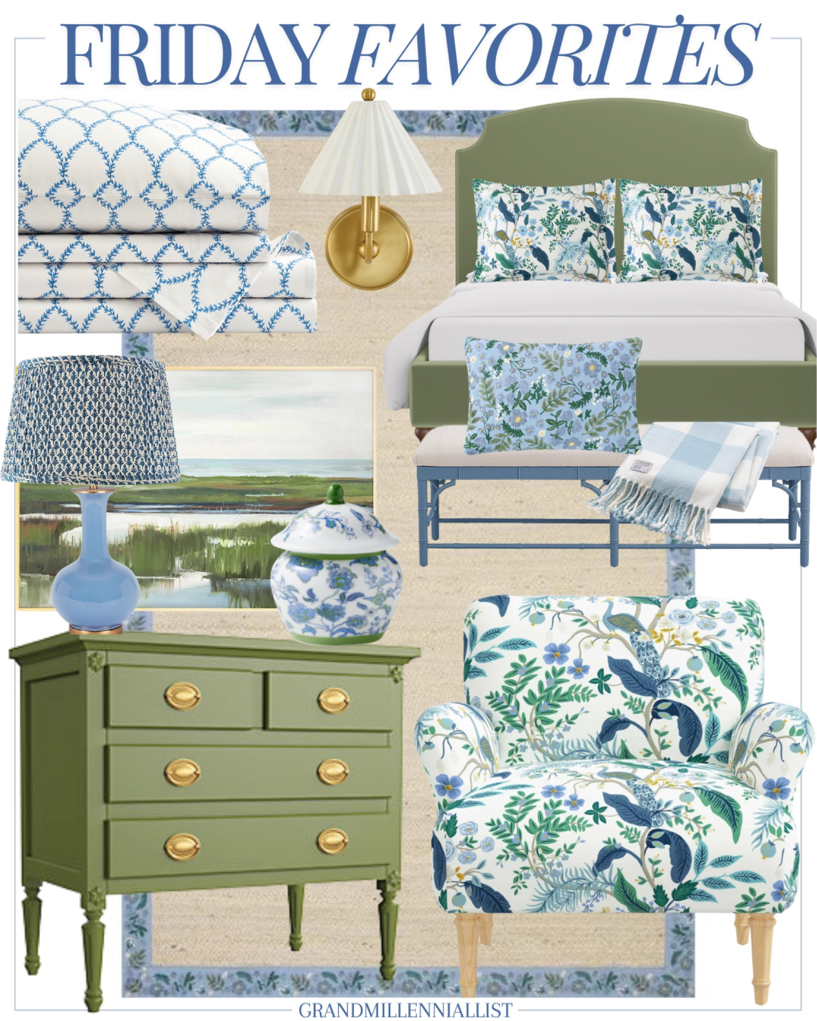 Friday Favorites in home decor, bedroom design, upholstered bed, Rifle Paper bedding, woven rug, lamp, ginger jar decor 

Grandmillennial home
Southern home
Preppy home
Classic home

#LTKHome #LTKStyleTip #LTKSeasonal