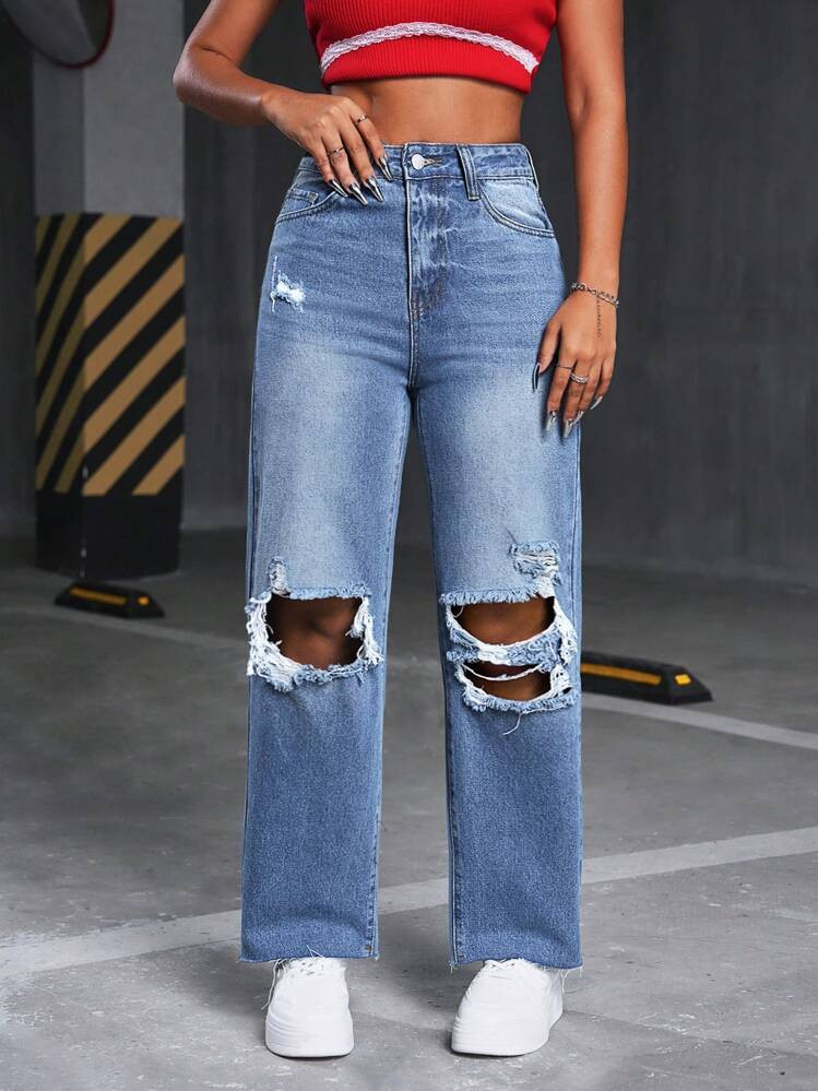 SHEIN EZwear Ripped Raw Cut Straight Leg Jeans | SHEIN