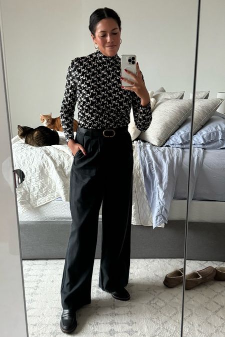 Winter office outfit! A printed fitted turtleneck by Tory Burch (runs small, I’m wearing an XL), wide leg trousers by Madewell (TTS, I’m in a 10), and chunky Madewell loafers (TTS, I’m wearing an 11). Finished off the look with a gold buckle belt and chunky gold hoop earrings! 

#LTKfindsunder100 #LTKmidsize #LTKSeasonal