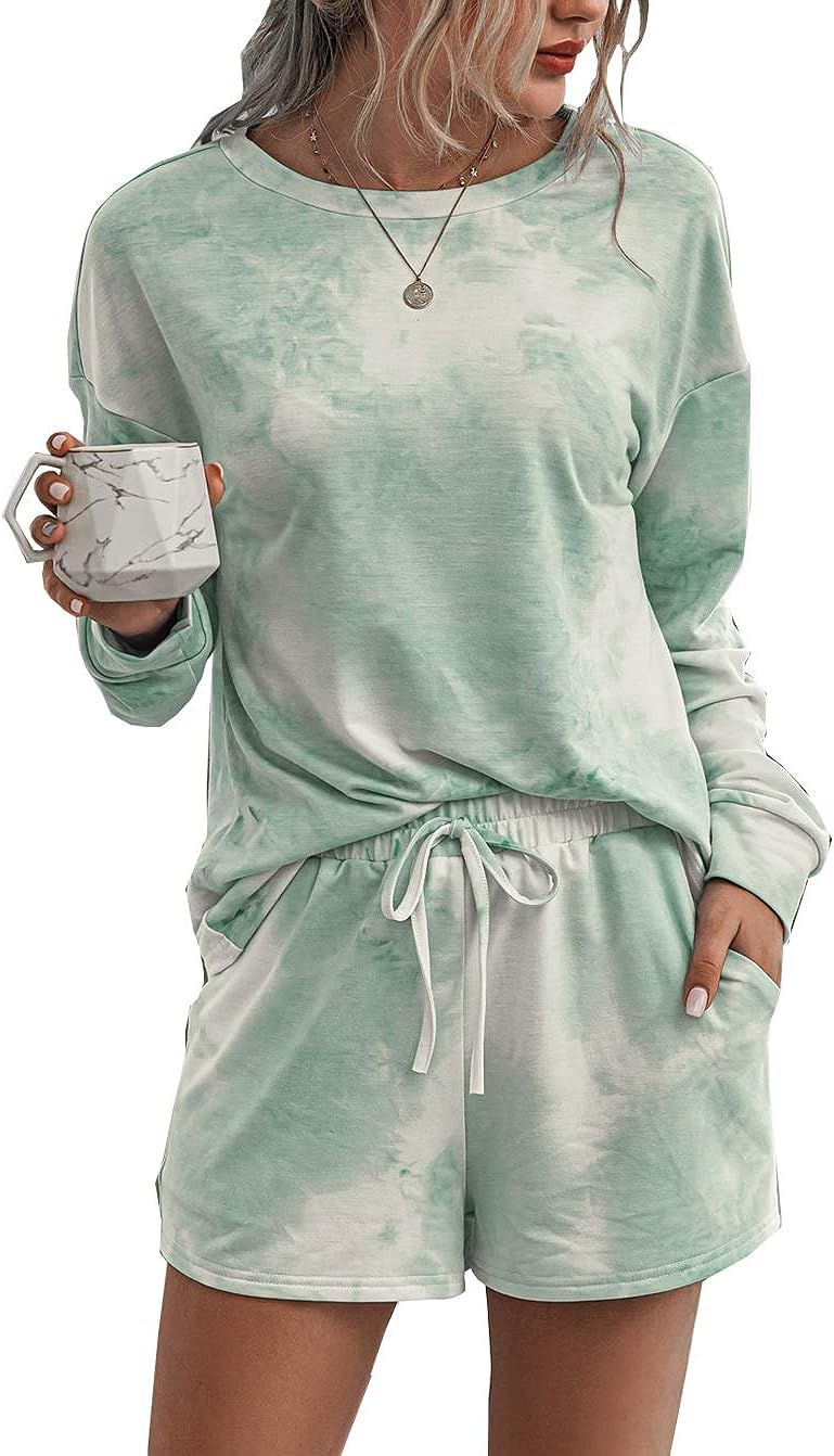 PRETTYGARDEN Women’s Tie Dye Printed Pajamas Set Long Sleeve Tops With Shorts Lounge Set Casual... | Amazon (US)