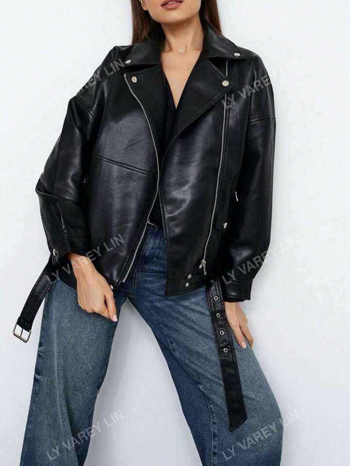 Women Faux Leather Bomber Jacket Long Sleeve Loose Motorcycle Oversize Leather Jacket | SHEIN