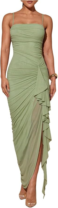 Milumia Women's Ruched Ruffle Mesh Cami Dress Split Thigh Bodycon Long Cocktail Dresses | Amazon (US)