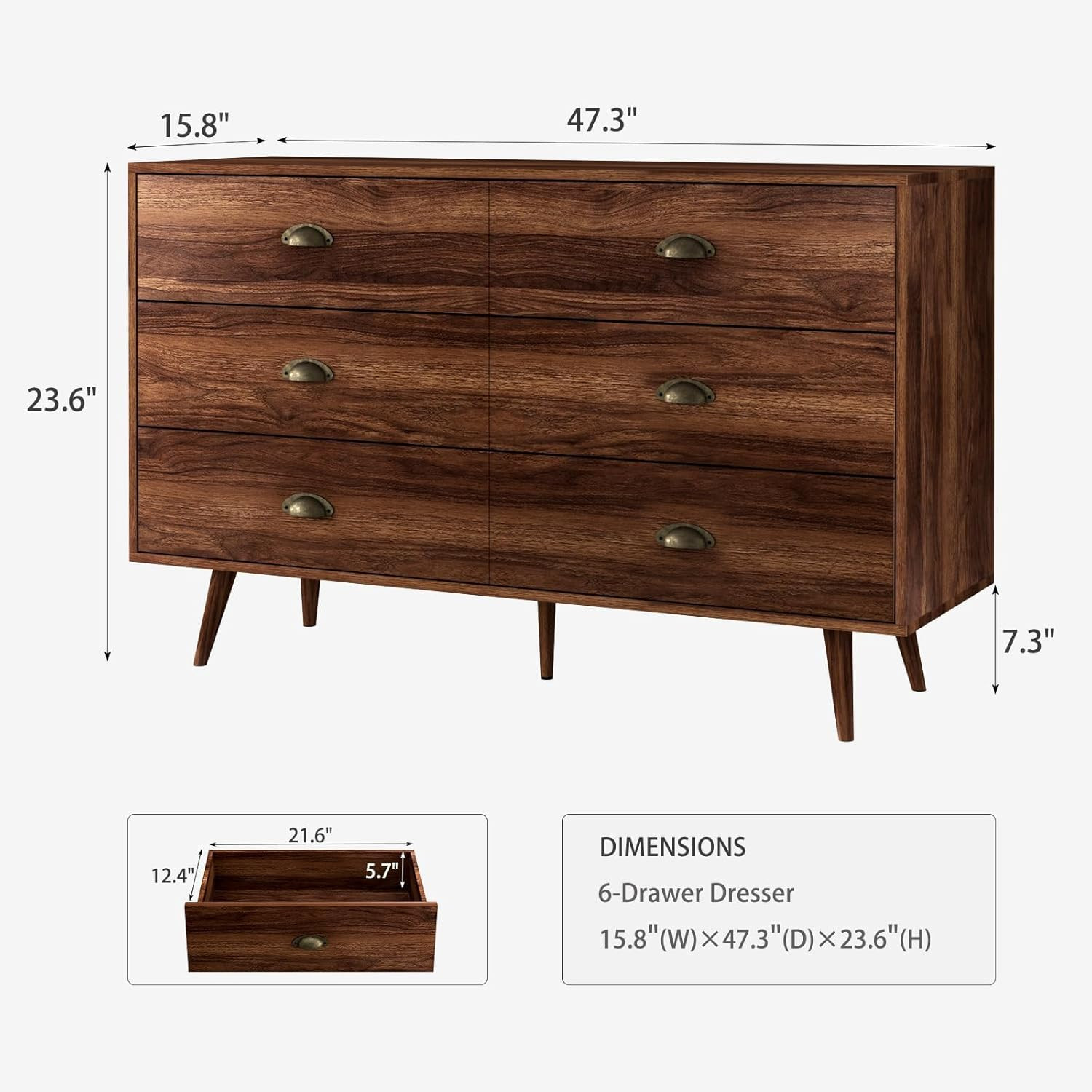 CARPETNAL Walnut Brown Dresser for Bedroom, 6 Drawer Dresser with Wide Drawers and Metal Knob, Wo... | Amazon (US)