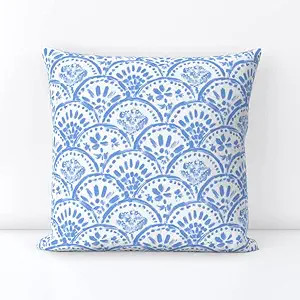 Spoonflower Square Throw Pillow, 18", Linen Cotton Canvas - Chinese Blue Scalloped Wave Chinoiser... | Amazon (US)
