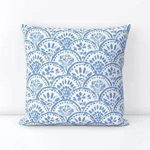 Spoonflower Square Throw Pillow, 18", Linen Cotton Canvas - Chinese Blue Scalloped Wave Chinoiser... | Amazon (US)
