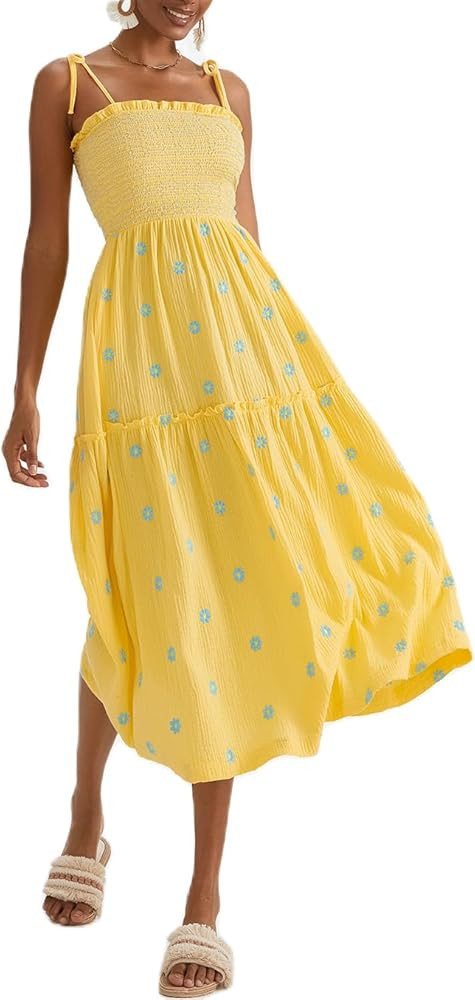 Summer Boho Maxi Dresses Sundresses for Women 2024 Floral Embroidered Tie Strap Smocked Ruffle Be... | Amazon (US)