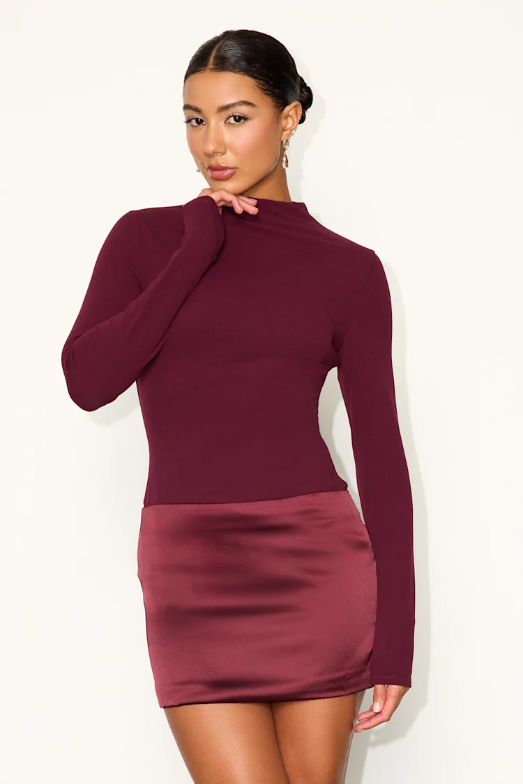 Azmina Wine Red Mixed Media Long Sleeve Bodycon Mini Dress | Lulus