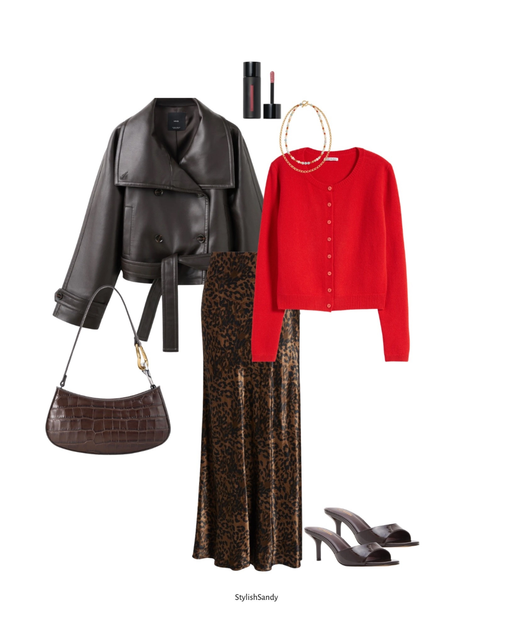 Leather jacket, red cardigan, skirt, bag, lip, and sandals. Ready for Valentine's Day 

#LTKOver40 #LTKValentine #LTKootd