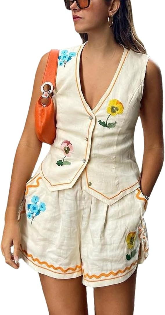 THLAI Women Linen Two Piece Outfits Suits Summer Short Sets Sleeveless Vest Top and Shorts Sets S... | Amazon (US)