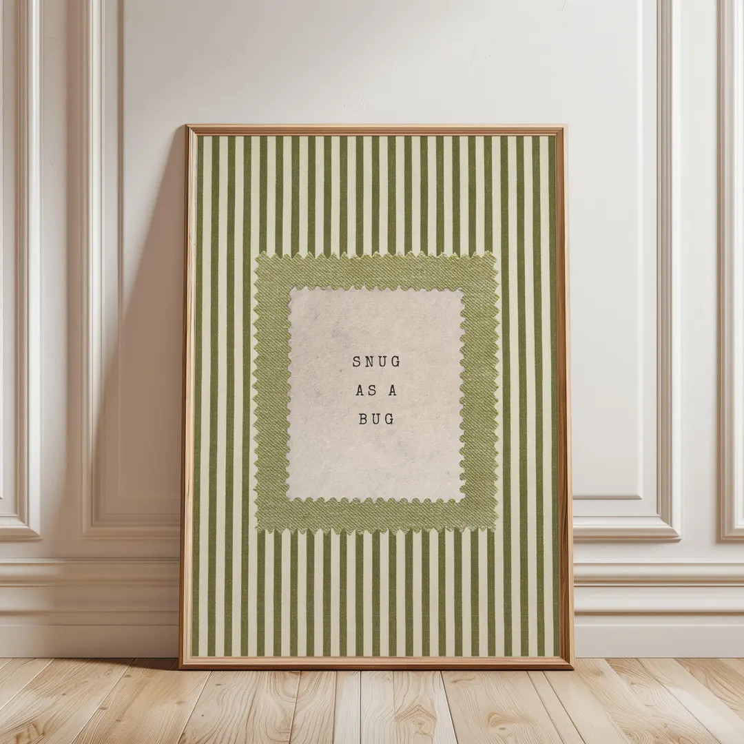 Snug As A Bug Nursery Wall Art: Green Striped Bedroom Decor, Cottagecore Printable Kids Room Art ... | Etsy (US)