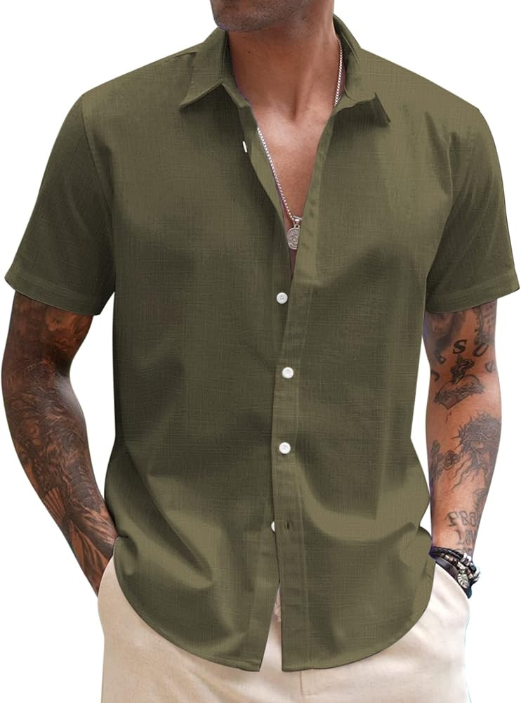 COOFANDY Men's Linen Casual Short Sleeve Shirt Button Down Summer Beach Wedding Shirts | Amazon (US)