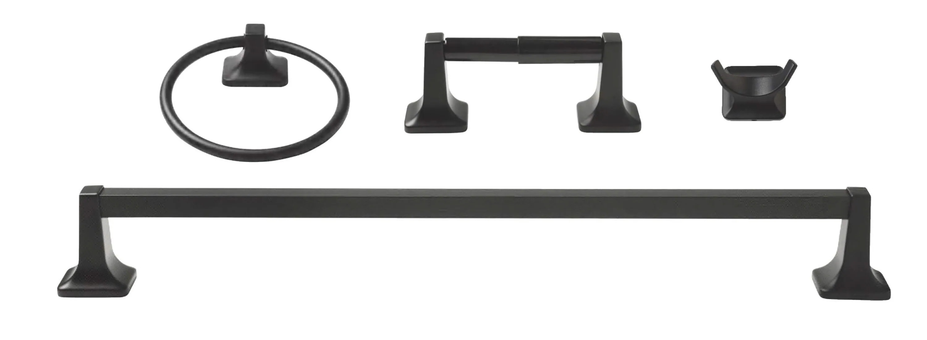 Project Source 4-Piece Seton Matte Black Decorative Bathroom Hardware Set with Towel Bar, Toilet Paper Holder, Towel Ring and Robe Hook | Lowe's