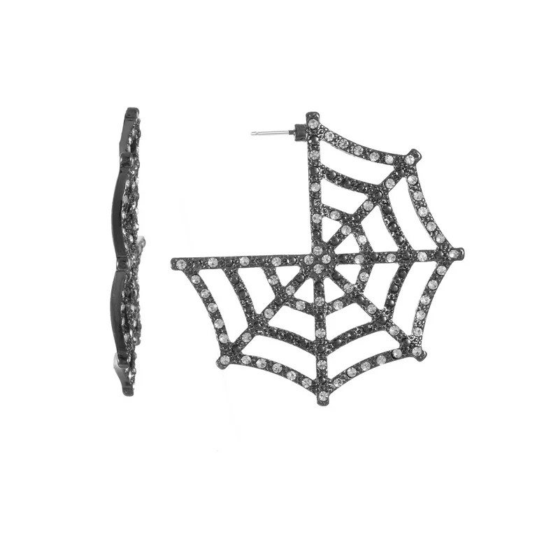 Way to Celebrate Halloween Silvertone and Black Hematite Web Hoop Earring, 1 Pair, Female - Walma... | Walmart (US)