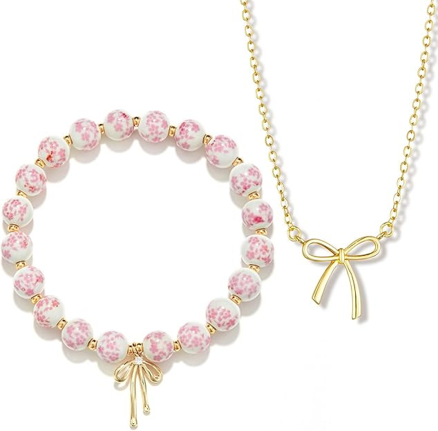 Bow Bracelet Necklace Set 14K Gold Beaded Bracelet Dainty Bow Pendant Choker Jewelry Gift Set | Amazon (US)