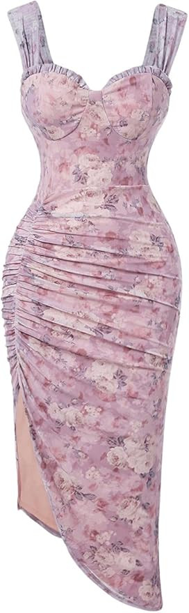 Women's Floral Print Sleeveless Wide Strap Split Thigh Dress Slim Fit Pleated Cami Dresses Pencil... | Amazon (US)