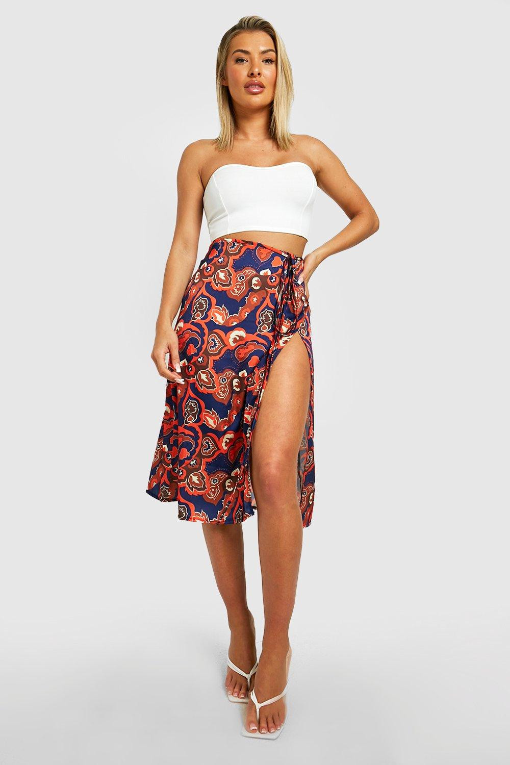 Womens Paisley Printed Wrap Satin Midi Skirt - Black - 8 | Boohoo.com (US & CA)
