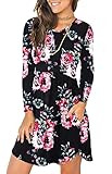 YUNDAI Women's Long Sleeve Casual Loose Plain Dresses Short Dress with Pockets 2XL Floral Black | Amazon (US)