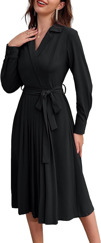 Women's Long Sleeve Pleated Dresses Wrap V Neck Flowy Business Casual A-line Dress | Amazon (US)