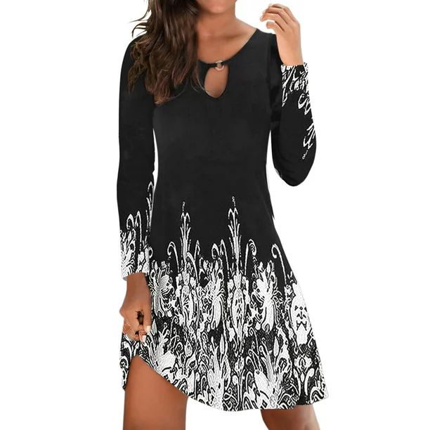 Paille Womens Fall Tunic T-shirt Dress Casual Long Sleeve Floral Boho Mini Short Dress | Walmart (US)
